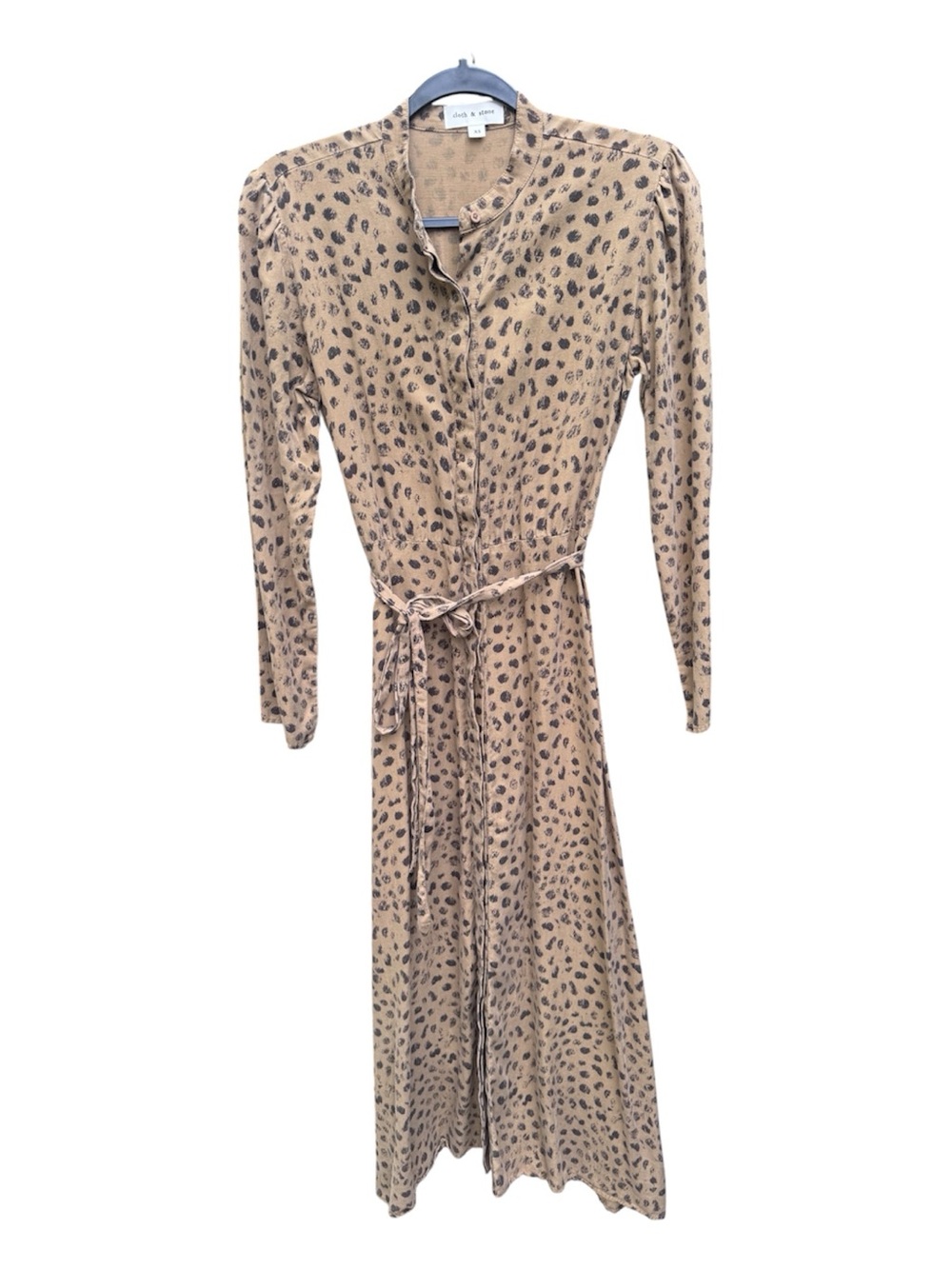 Cloth & Stone Beige Black Leopard Print Tie-Waist Long Sleeve Shirt Dress